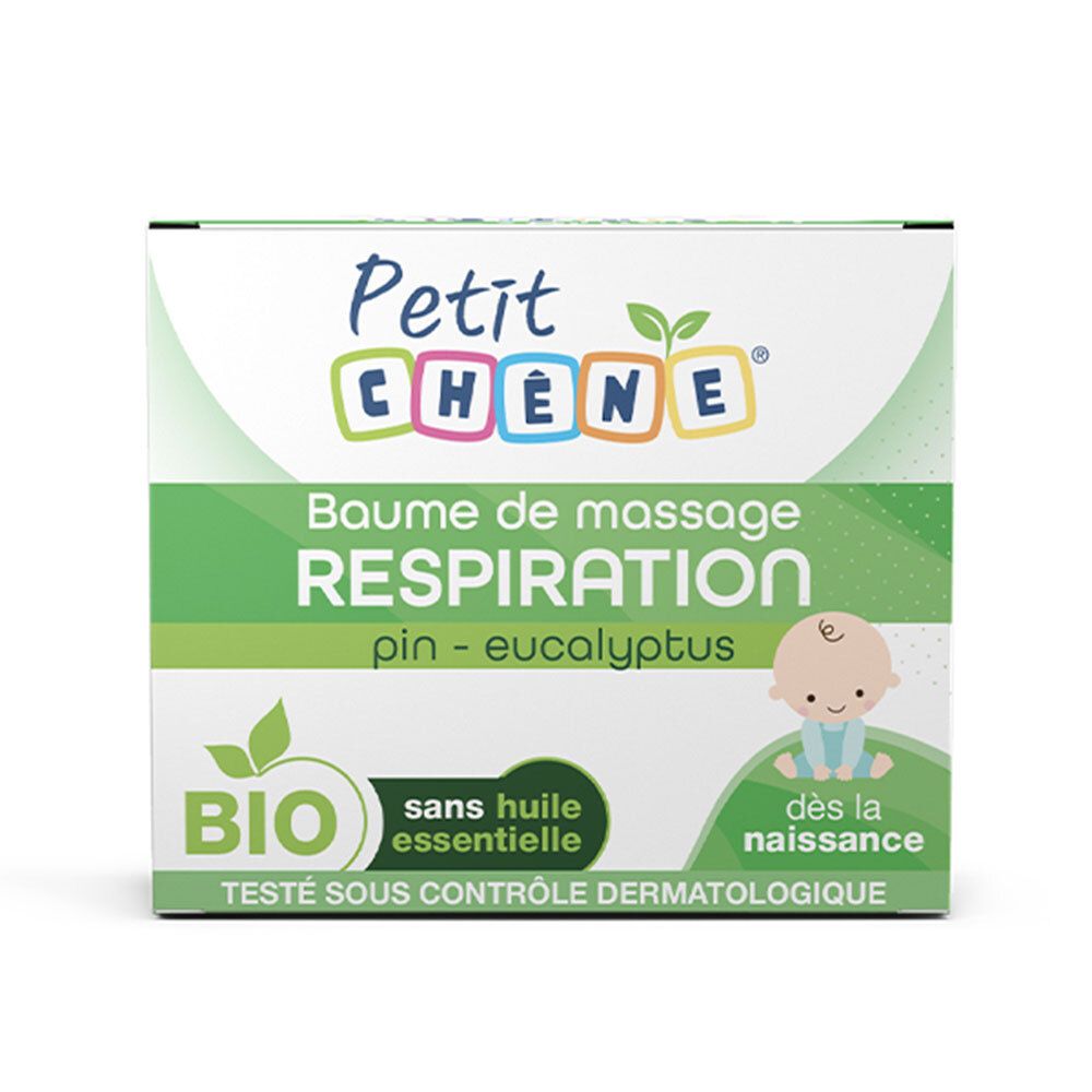 Verpackung von Petit Chêne® Baume de Massage Respiration. Weiß-grüne Schachtel mit Produktnamen und Bio-Siegel. Für Babys ab Geburt.