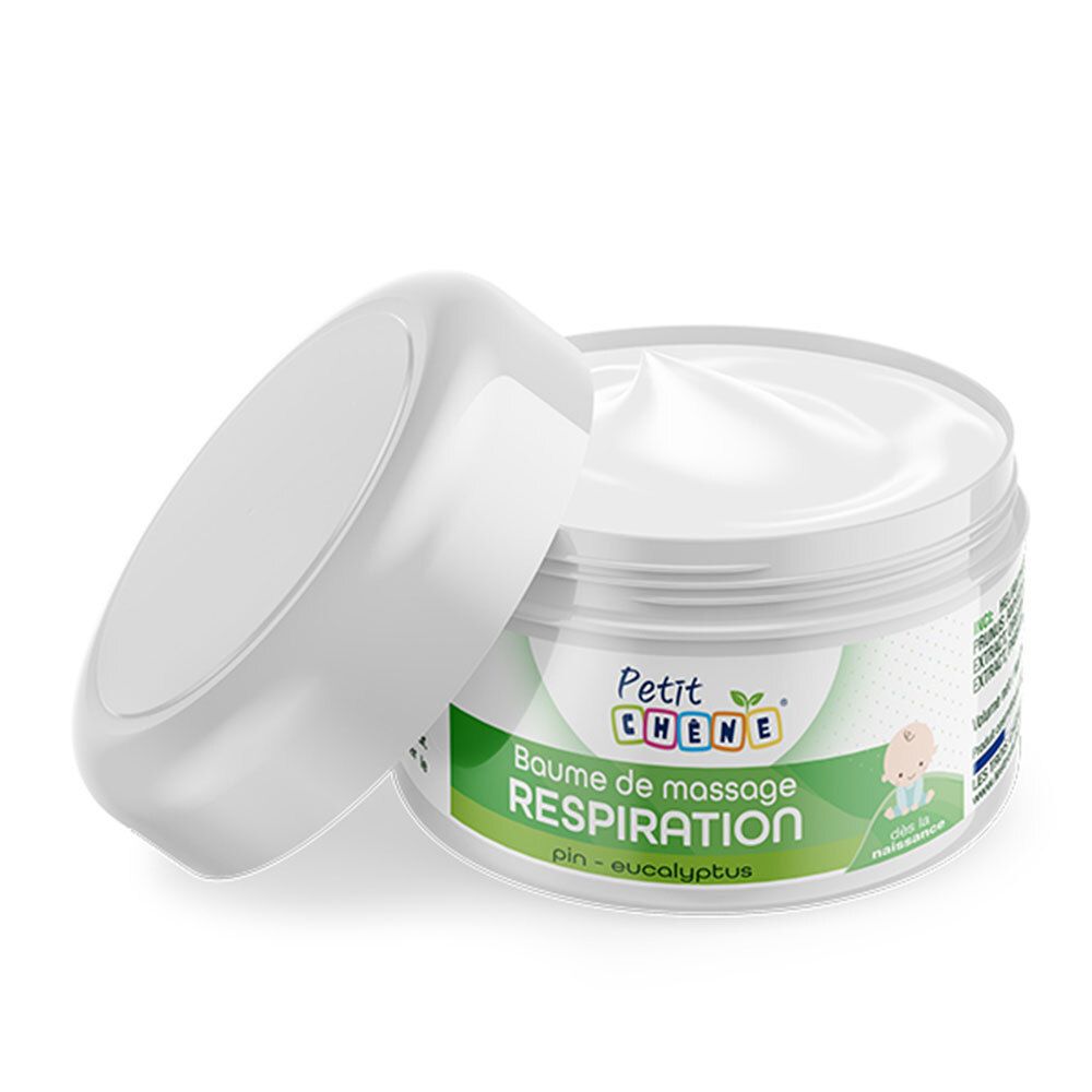 Geöffnetes Tiegel von Petit Chêne® Baume de Massage Respiration. Weißer Tiegel mit Deckel. Creme im Tiegel sichtbar.