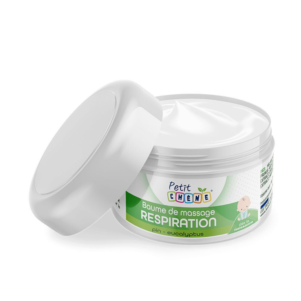 Geöffnetes Tiegel von Petit Chêne® Baume de Massage Respiration. Weißer Tiegel mit Deckel. Creme im Tiegel sichtbar.