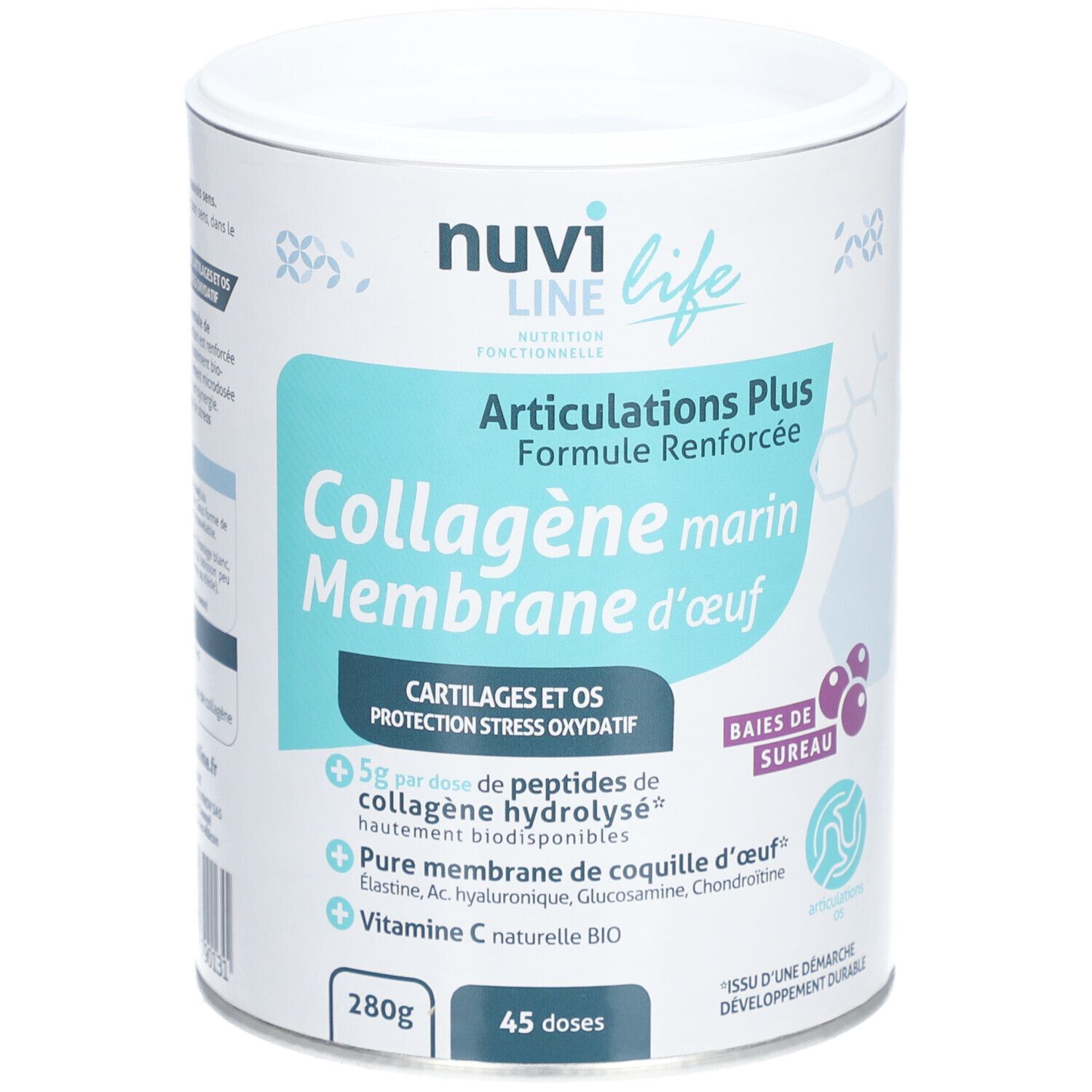 Dose Nuvi Life Collagène marin Membrane d'œuf. Aufschrift: Articulations Plus, Collagène marin, Membrane d'œuf. 280g, 45 Dosen.
