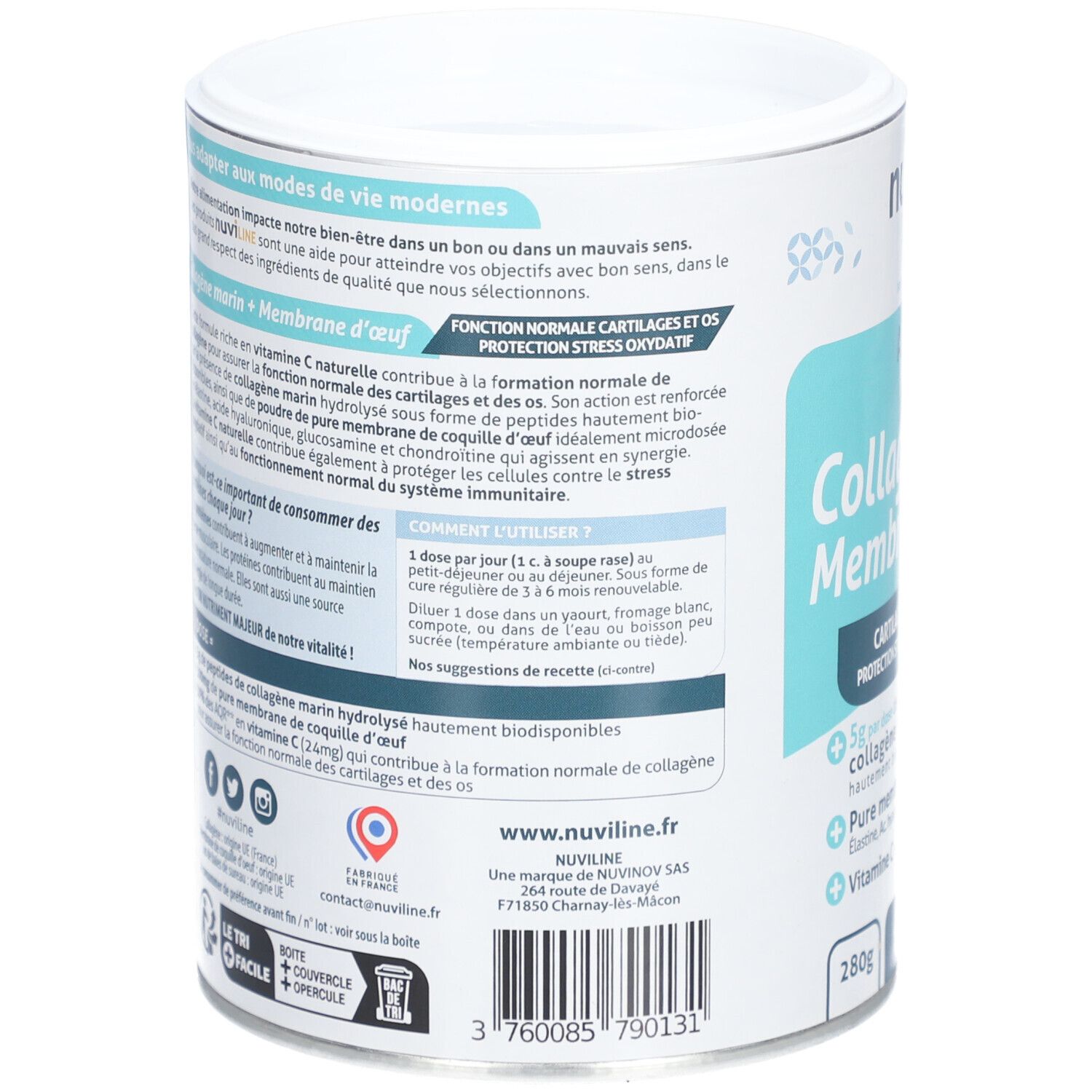 Rückseite der Dose Nuvi Life Collagène marin Membrane d'œuf. Text über Inhaltsstoffe, Anwendung und Nährwerte. Marke NuviLine.