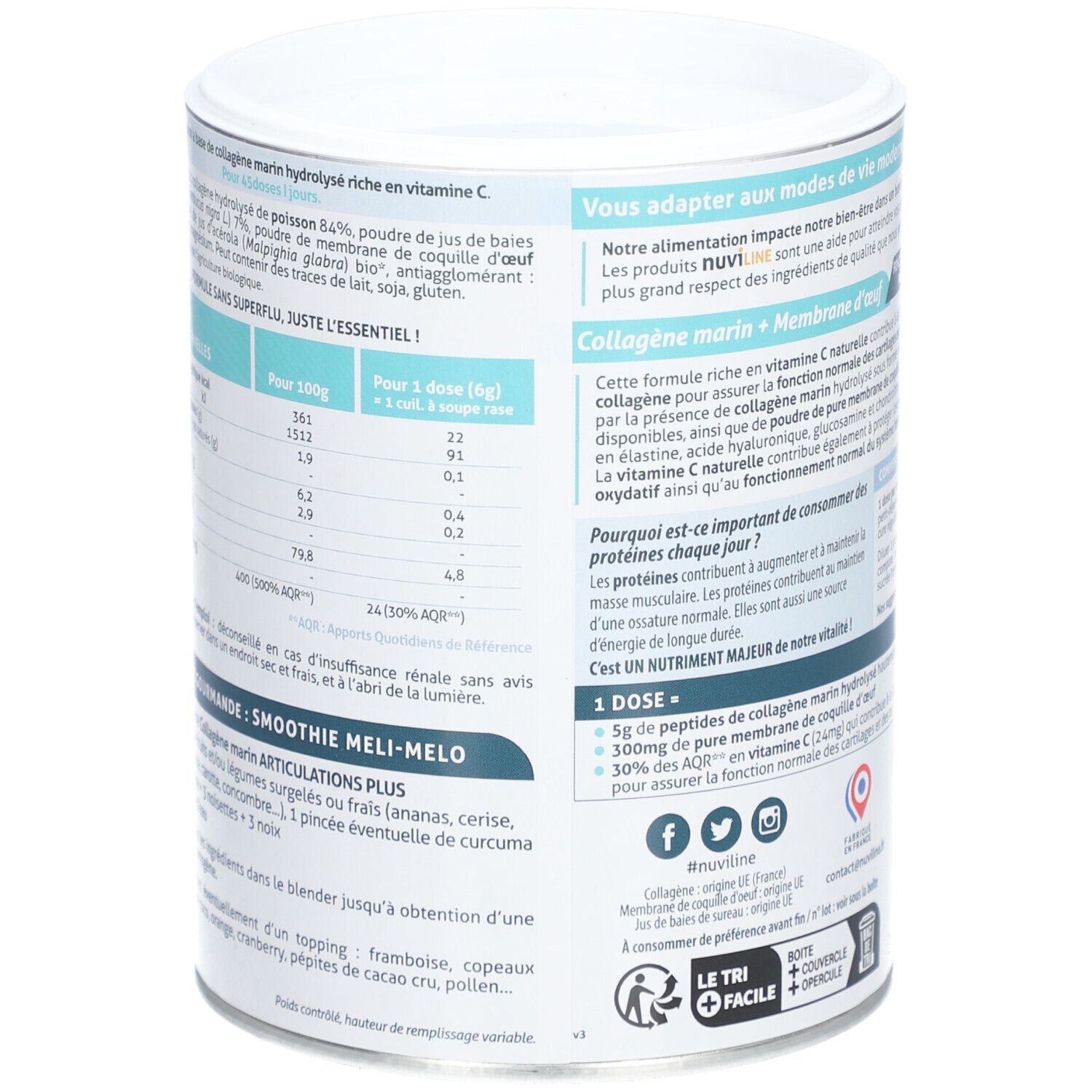 Rückseite der Dose Nuvi Life Collagène marin Membrane d'œuf. Nährwerttabelle und Smoothie-Rezept. Marke NuviLine.