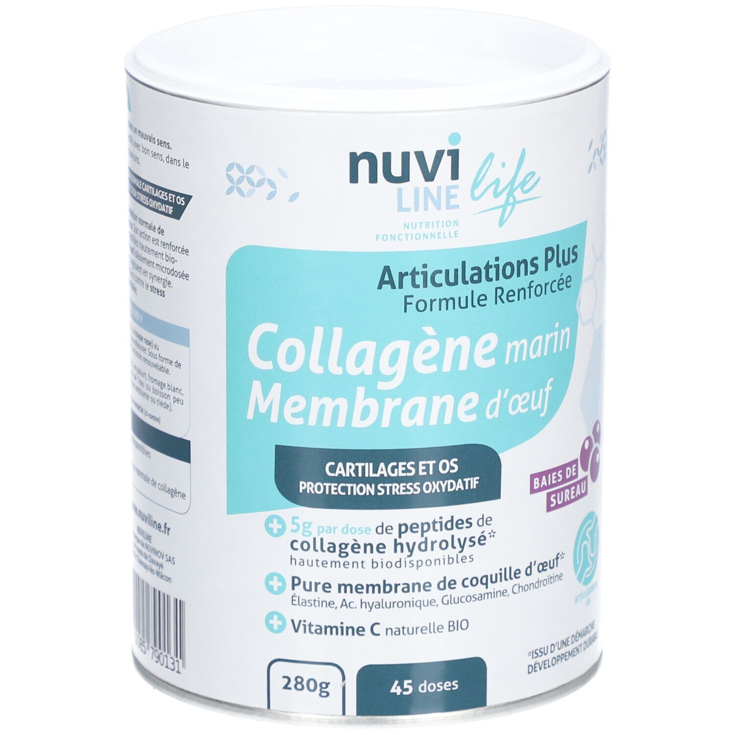 Dose Nuvi Life Collagène marin Membrane d'œuf. Aufschrift: Articulations Plus, Collagène marin, Membrane d'œuf. 280g, 45 Dosen.