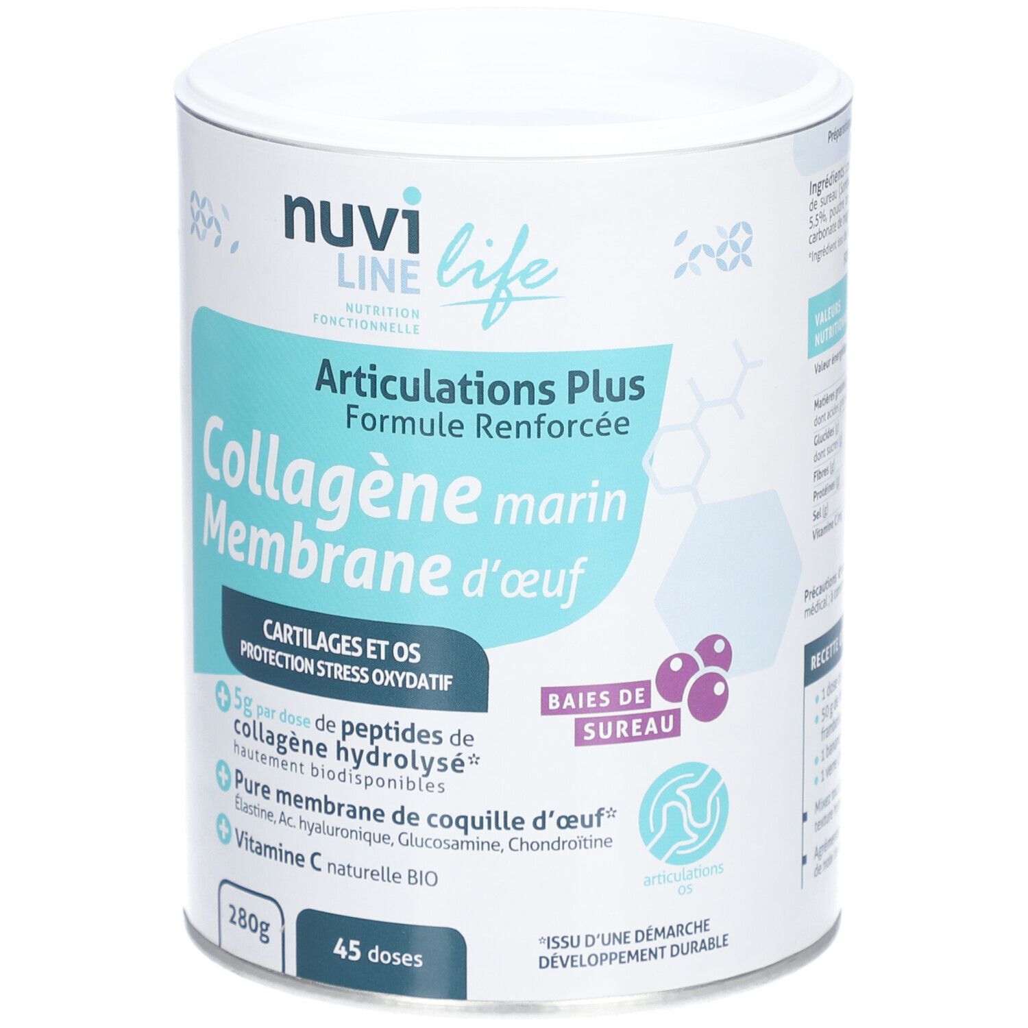 Dose Nuvi Life Collagène marin Membrane d'œuf. Aufschrift: Articulations Plus, Collagène marin, Membrane d'œuf. 280g, 45 Dosen.