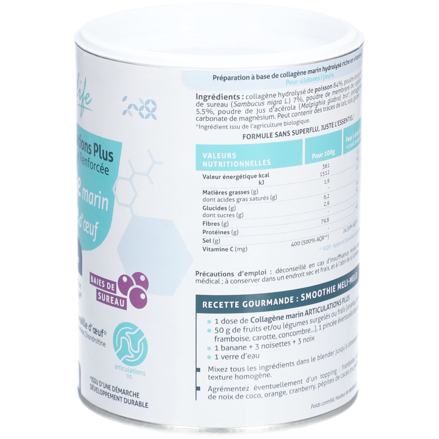 Rückseite der Dose Nuvi Life Collagène marin Membrane d'œuf. Zutatenliste, Nährwertangaben und Smoothie-Rezept. Marke NuviLine.