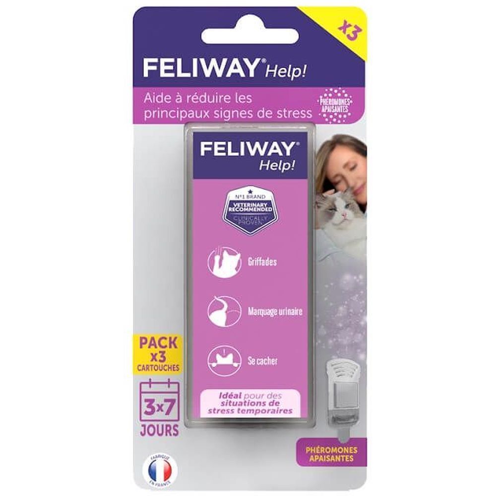 Verpackung mit drei Nachfüllkartuschen. FELIWAY Help! mit Text und Logo. Empfohlen vom Tierarzt. Illustrationen von Katzen.