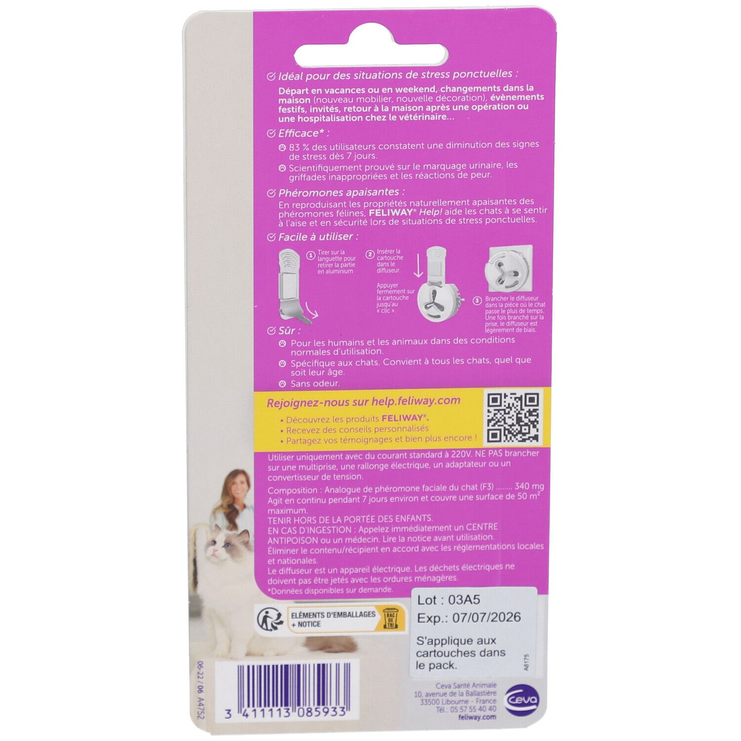 Dos de l'emballage. Texte et illustrations. Informations sur le produit FELIWAY Help!. Code QR et coordonnées.
