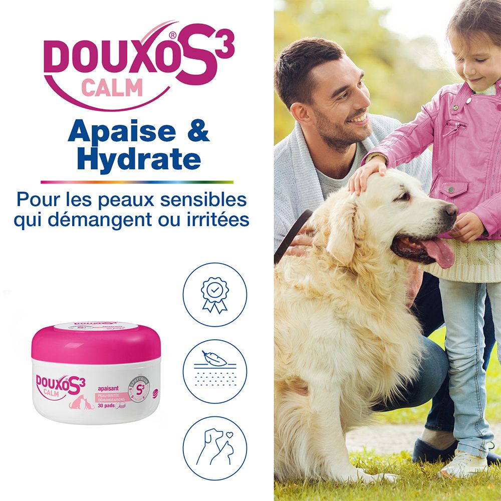 Publicité avec boîte et famille avec chien. Texte : Apaise & hydrate. Pour les peaux sensibles qui démangent ou irritées.