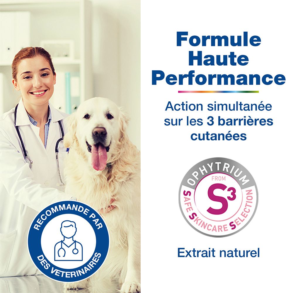 Médecin avec chien. Texte : Formule Haute Performance. Agit sur 3 barrières cutanées. Recommandé par les vétérinaires. Extrait naturel.