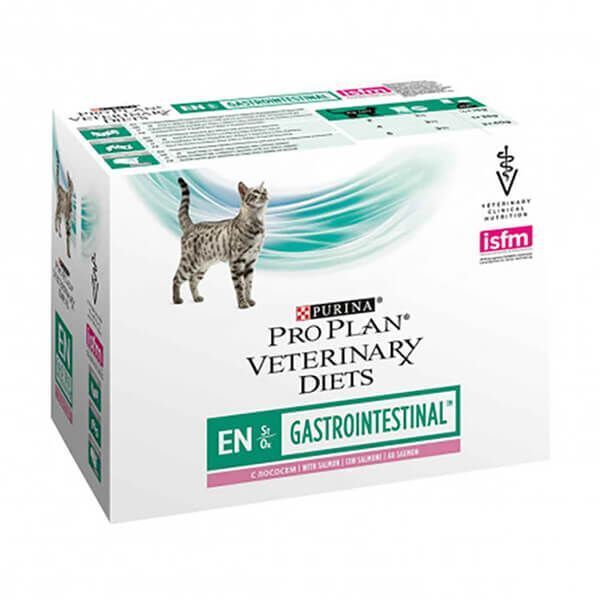Karton mit Katzenfutter. Marke: PURINA® PRO PLAN® VETERINARY DIETS EN Gastrointestinal. Mit Katze und Logo.