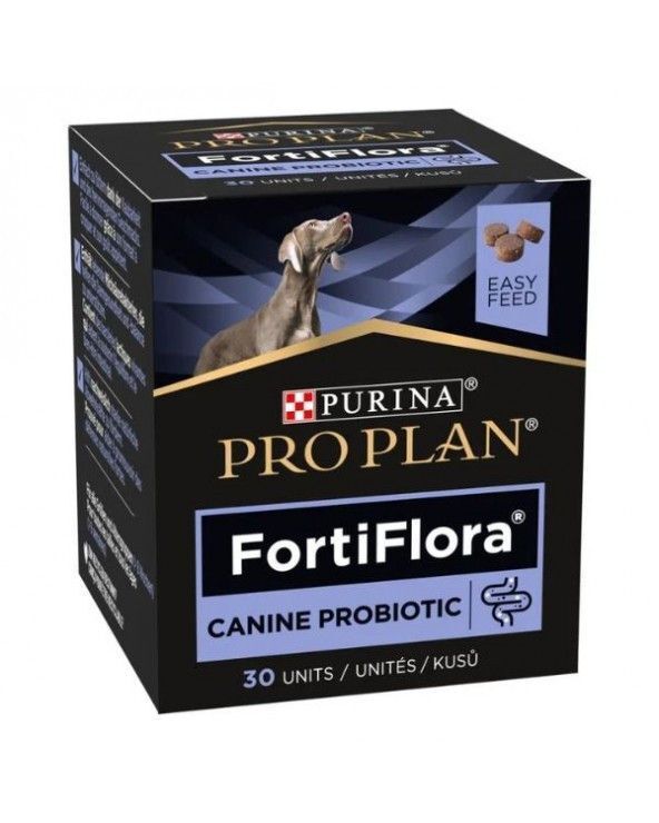 Schachtel mit PRO PLAN FortiFlora Canine Probiotic. Enthält 30 Einheiten. Abbildung eines Hundes und Futterstückchen.