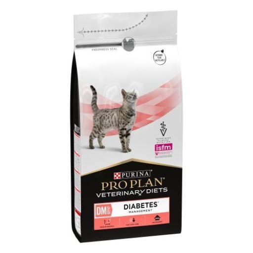 Sac de nourriture pour chats. Inscription : PRO PLAN VETERINARY DIETS, DM Diabetes Management. Image d'un chat.