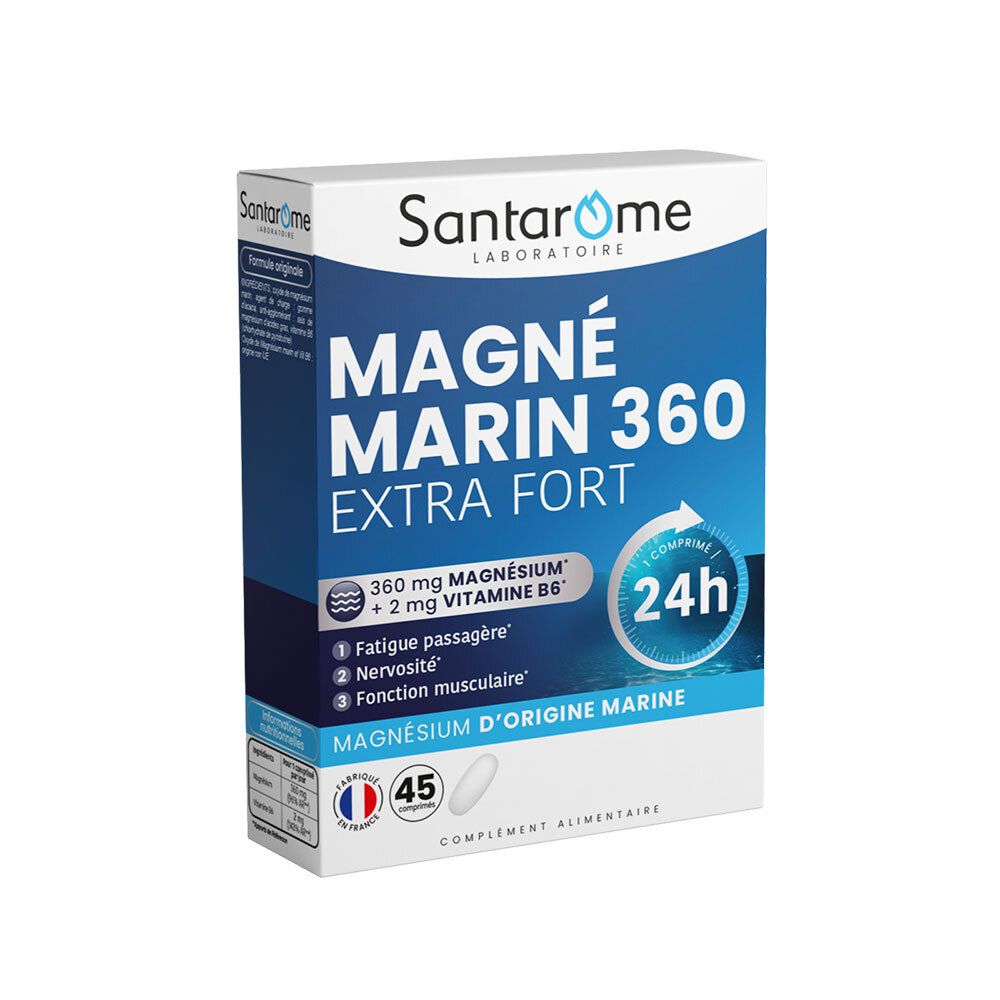 Schachtel mit SANTAROME MAGNÉ MARIN 360 EXTRA FORT. Enthält 45 Tabletten. Blaue und weiße Verpackung mit Produktinformationen.