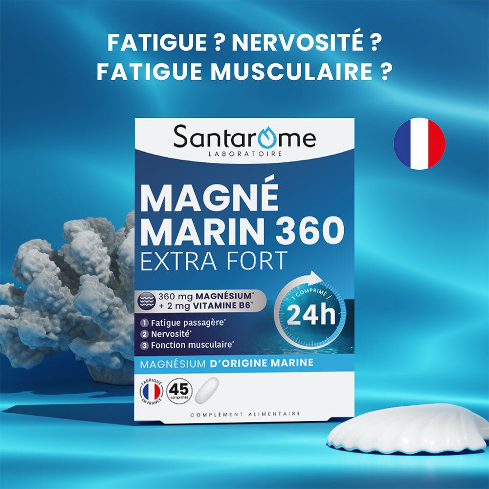 Produktverpackung von SANTAROME MAGNÉ MARIN 360 EXTRA FORT. Blaue Verpackung mit Produktnamen und Inhaltsstoffen. Französische Flagge.