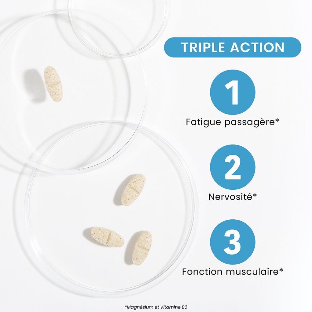 Drei Tabletten auf transparenten Tellern. Text: Triple Action, 1. Fatigue passagère, 2. Nervosité, 3. Fonction musculaire.