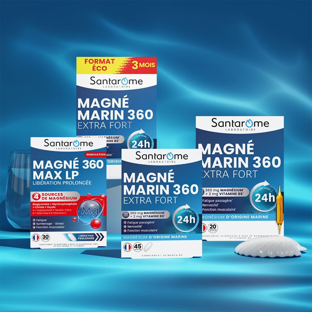 Tabelle mit Inhaltsstoffen von SANTAROME MAGNÉ MARIN. Magnesium und Vitamin B6. 360 mg Magnesium, 2 mg Vitamin B6.