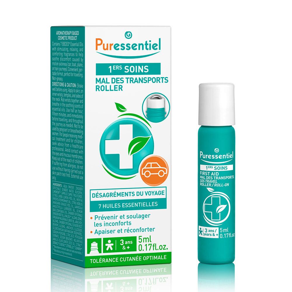 Puressentiel Reisekrankheit Roller mit 7 ätherischen Ölen, 5ml. Kartonverpackung und Rollerfläschchen.