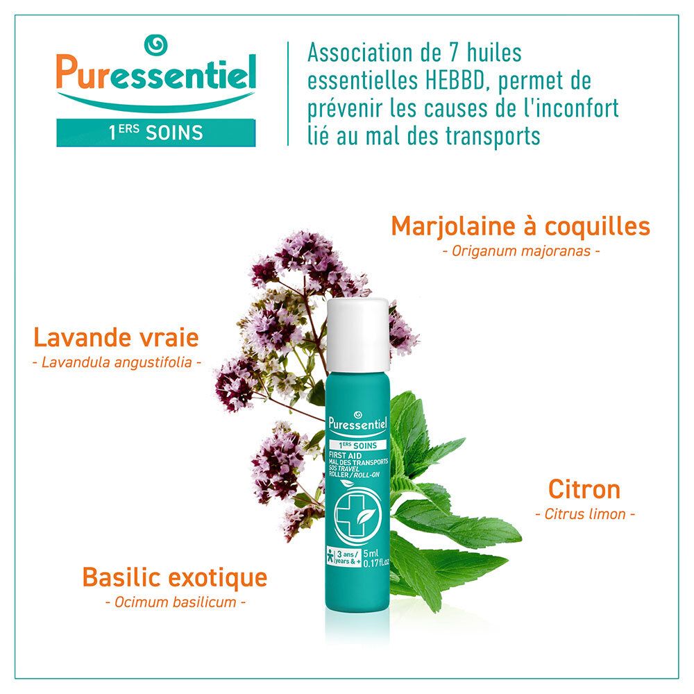 Puressentiel Roller Mal des Transports mit Lavendel, Basilikum, Zitrone und Majoran.