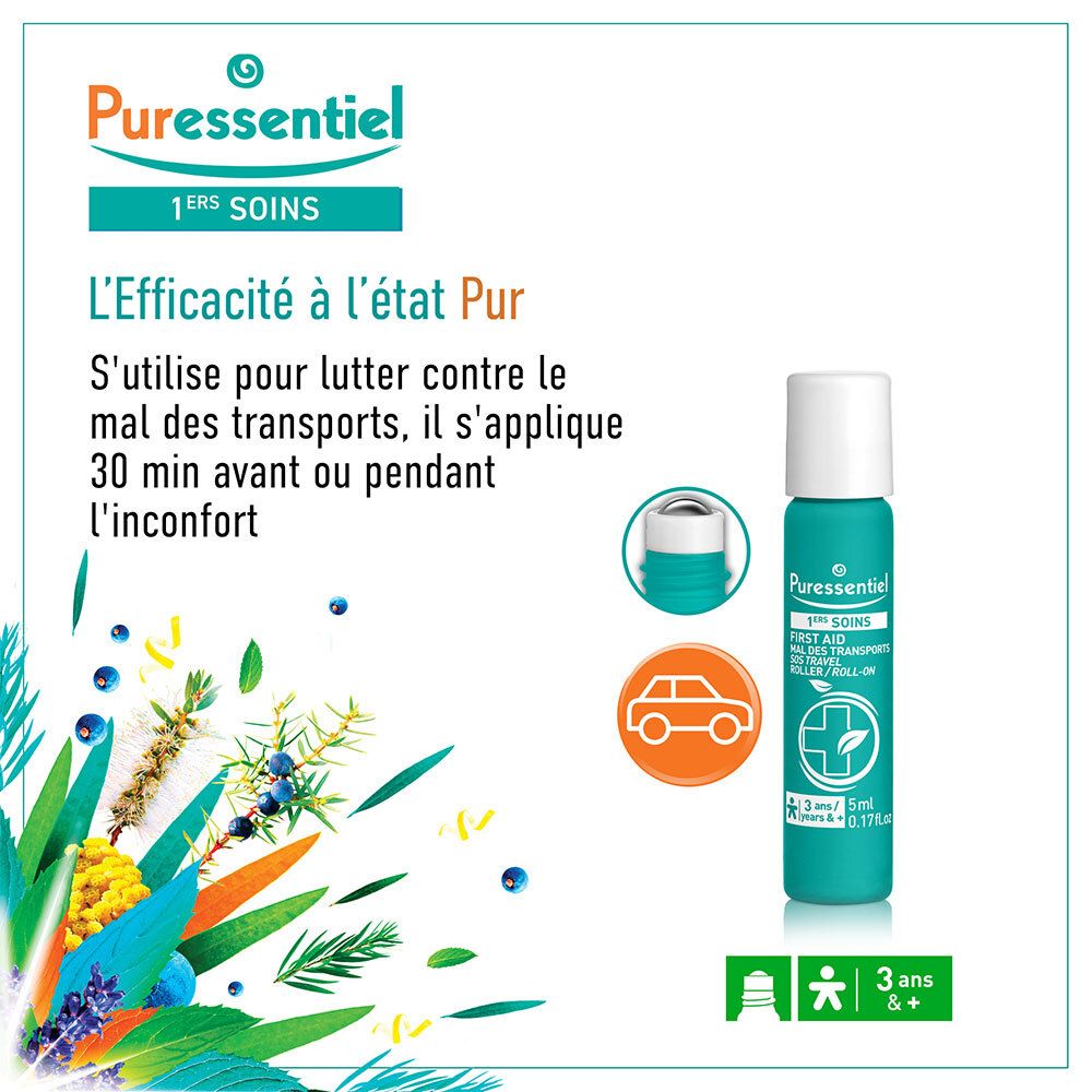 Puressentiel Roller Mal des Transports, 5ml. Fläschchen und stilisierte Pflanzenmotive.