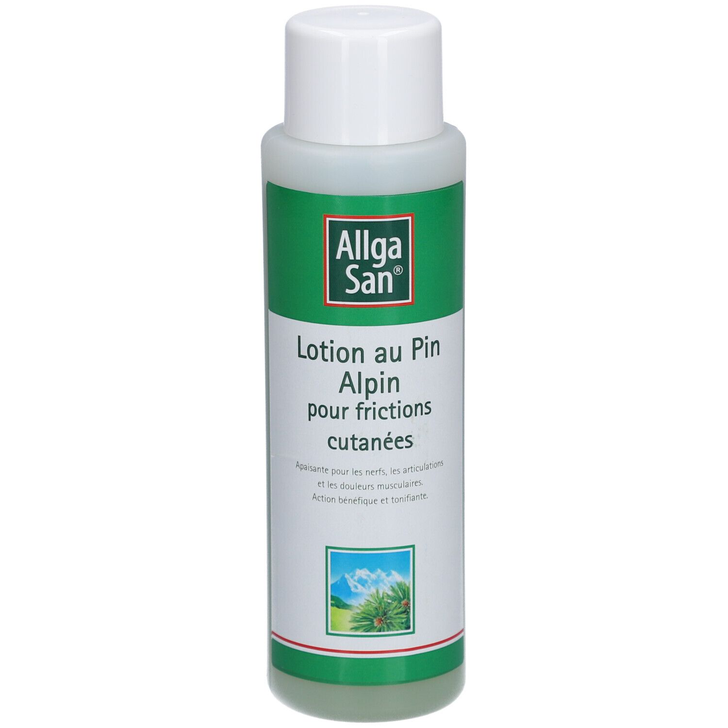 Flacon avec étiquette verte. Inscription: Allga San, Lotion au Pin Alpin pour frictions cutanées. Illustration: pins.