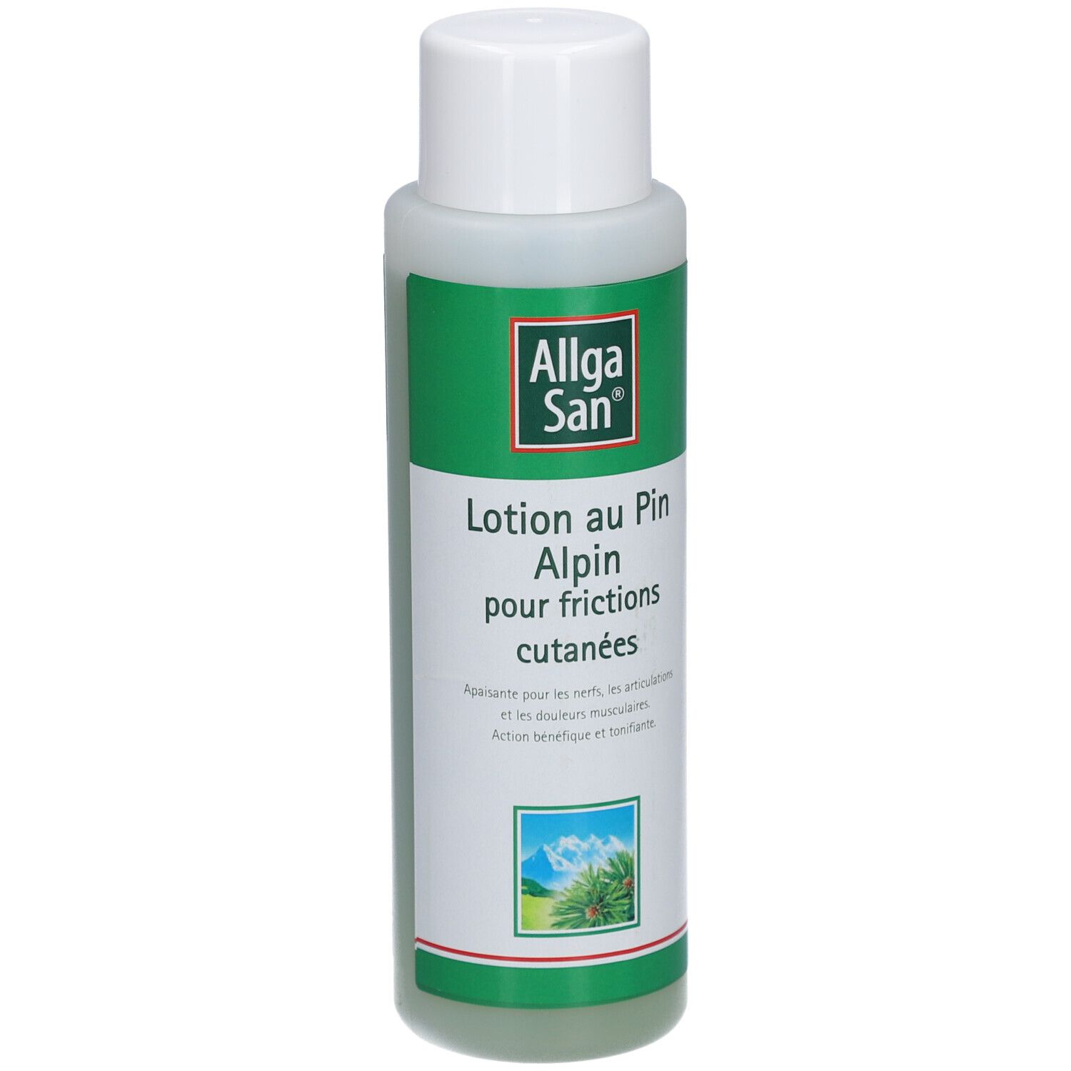 Flacon avec étiquette verte. Inscription: Allga San, Lotion au Pin Alpin pour frictions cutanées. Illustration: pins.