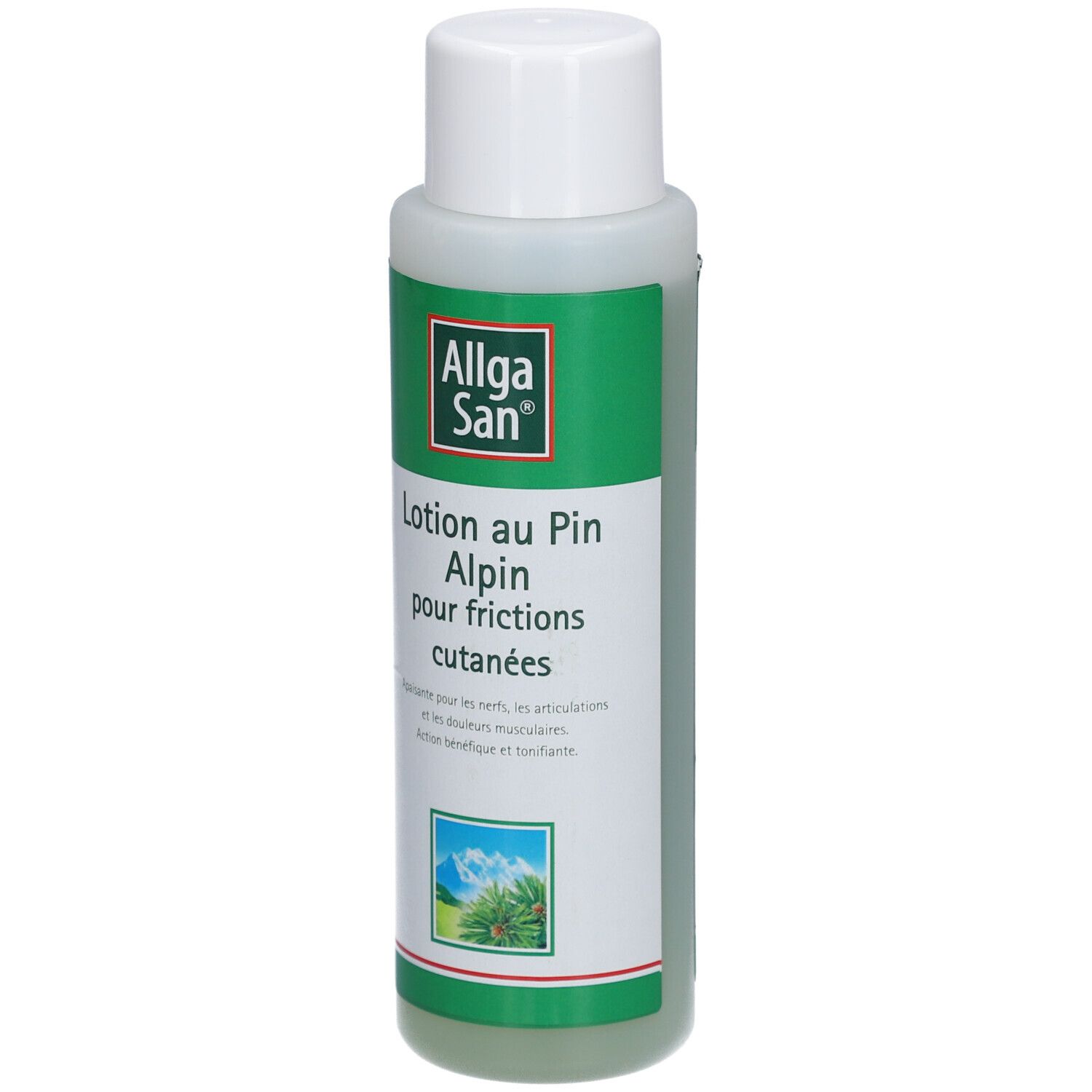 Flacon avec étiquette verte. Inscription: Allga San, Lotion au Pin Alpin pour frictions cutanées. Illustration: pins.
