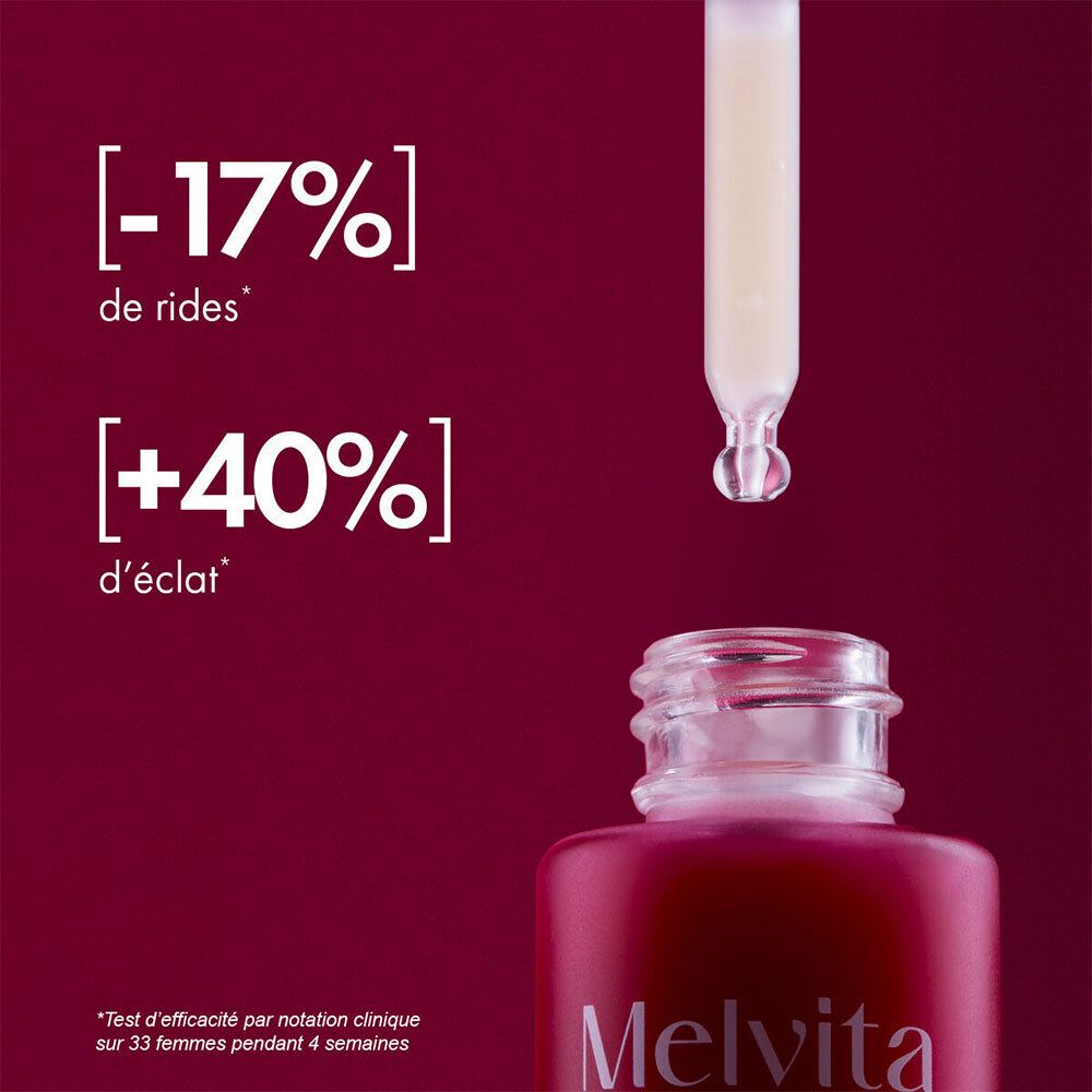 Flacon de sérum avec pipette. Texte : -17% rides, +40% éclat. Logo Melvita.
