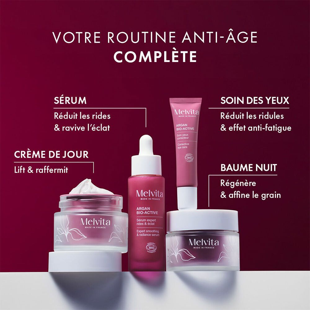 Divers produits Melvita. Sérum, soin des yeux, crème de jour, baume de nuit.