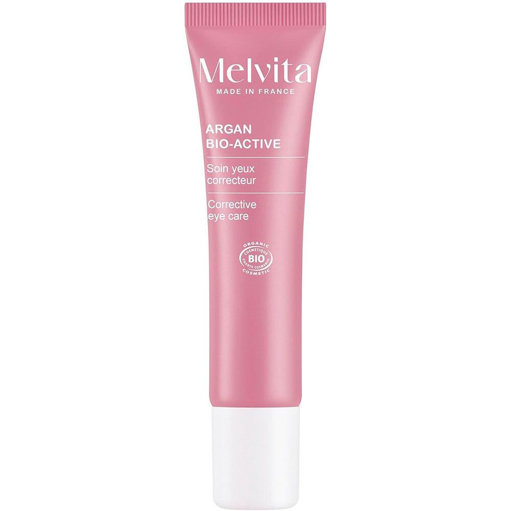 Tube rose avec bouchon blanc. Inscription: Melvita, Argan Bio-Active, Soin yeux correcteur, Corrective eye care. Certification bio.