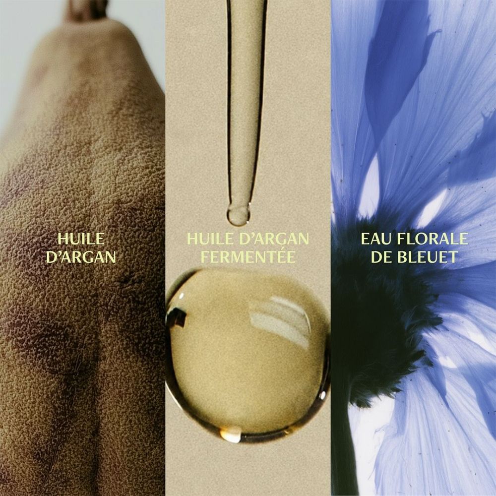 Collage aus Arganöl, fermentiertem Arganöl und Kornblumenwasser.