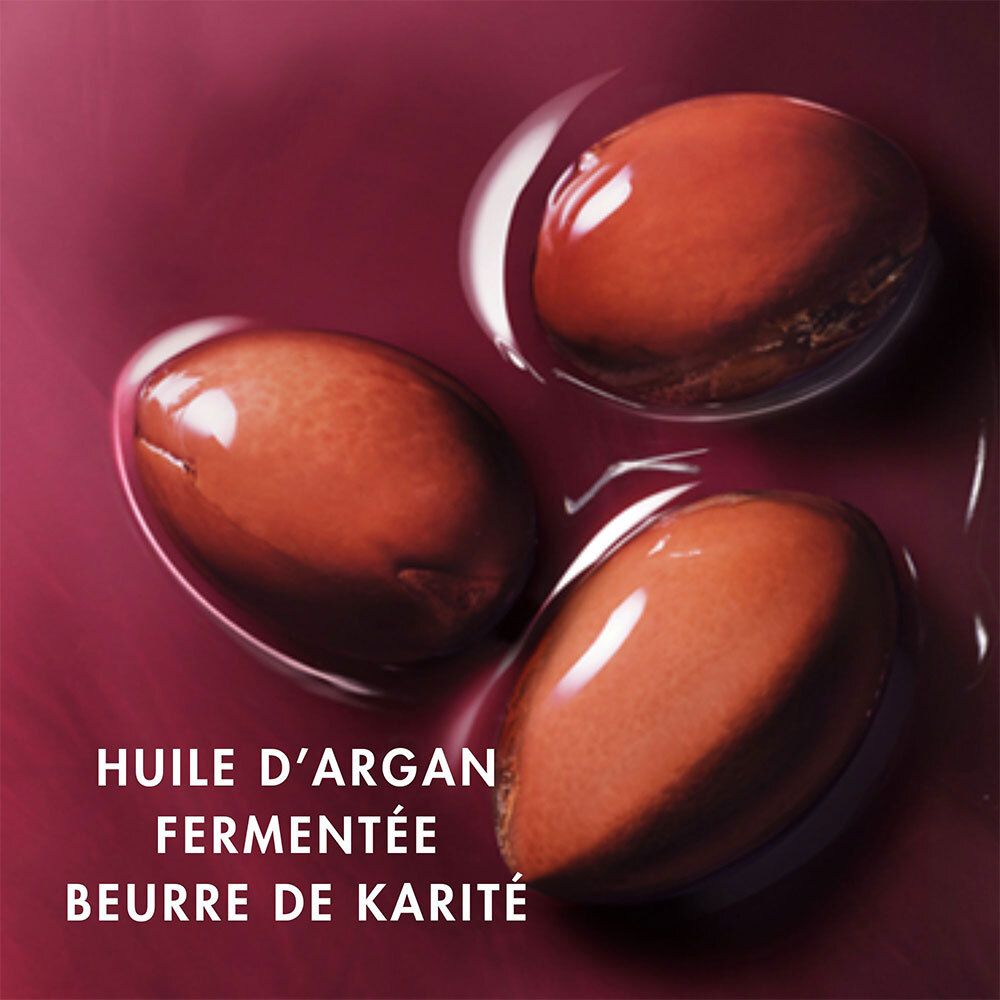 Drei braune Argan-Samen in Flüssigkeit. Text: Huile d'Argan fermentée, Beurre de Karité.