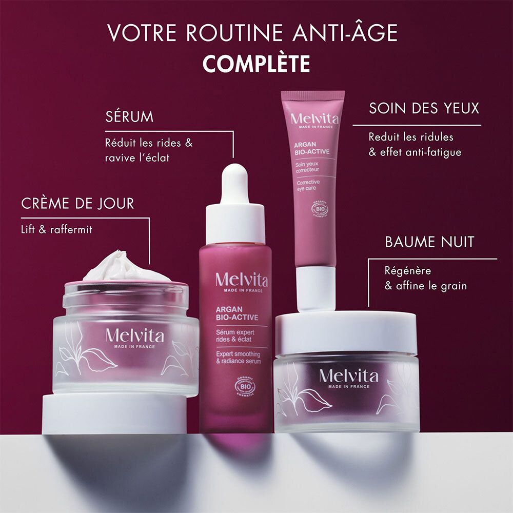Verschiedene Melvita-Produkte. Creme, Serum, Augenpflege, Balsam. Text: Votre routine anti-âge complète.