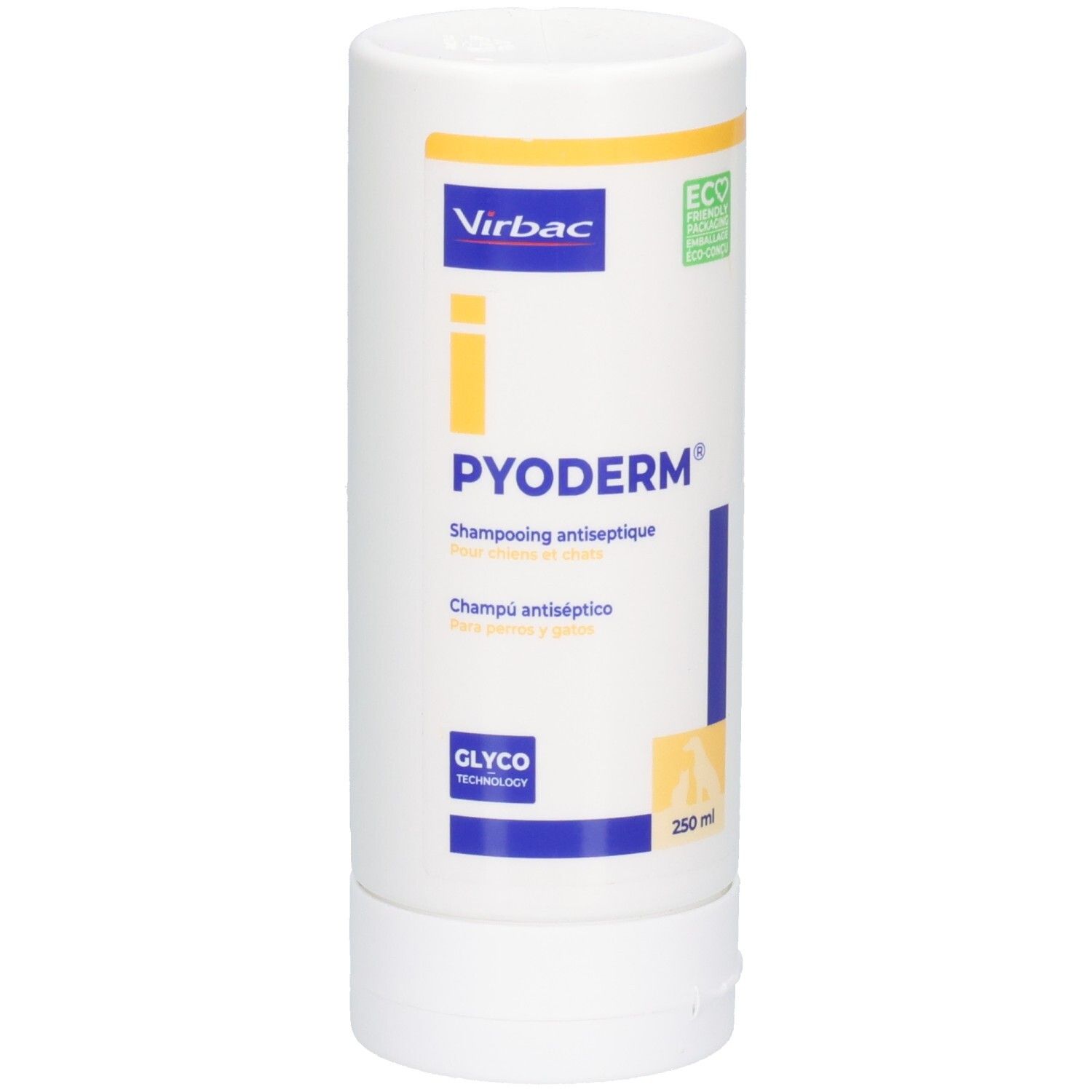 Weiße Flasche mit gelben und blauen Akzenten. Aufschrift: PYODERM, Virbac. 250 ml. ECO-Logo.