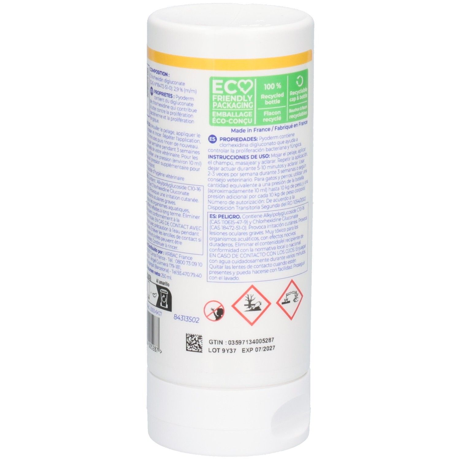 Rückseite einer weißen Flasche. Text, Gefahrensymbole, QR-Code. ECO-Logo. Hergestellt in Frankreich.