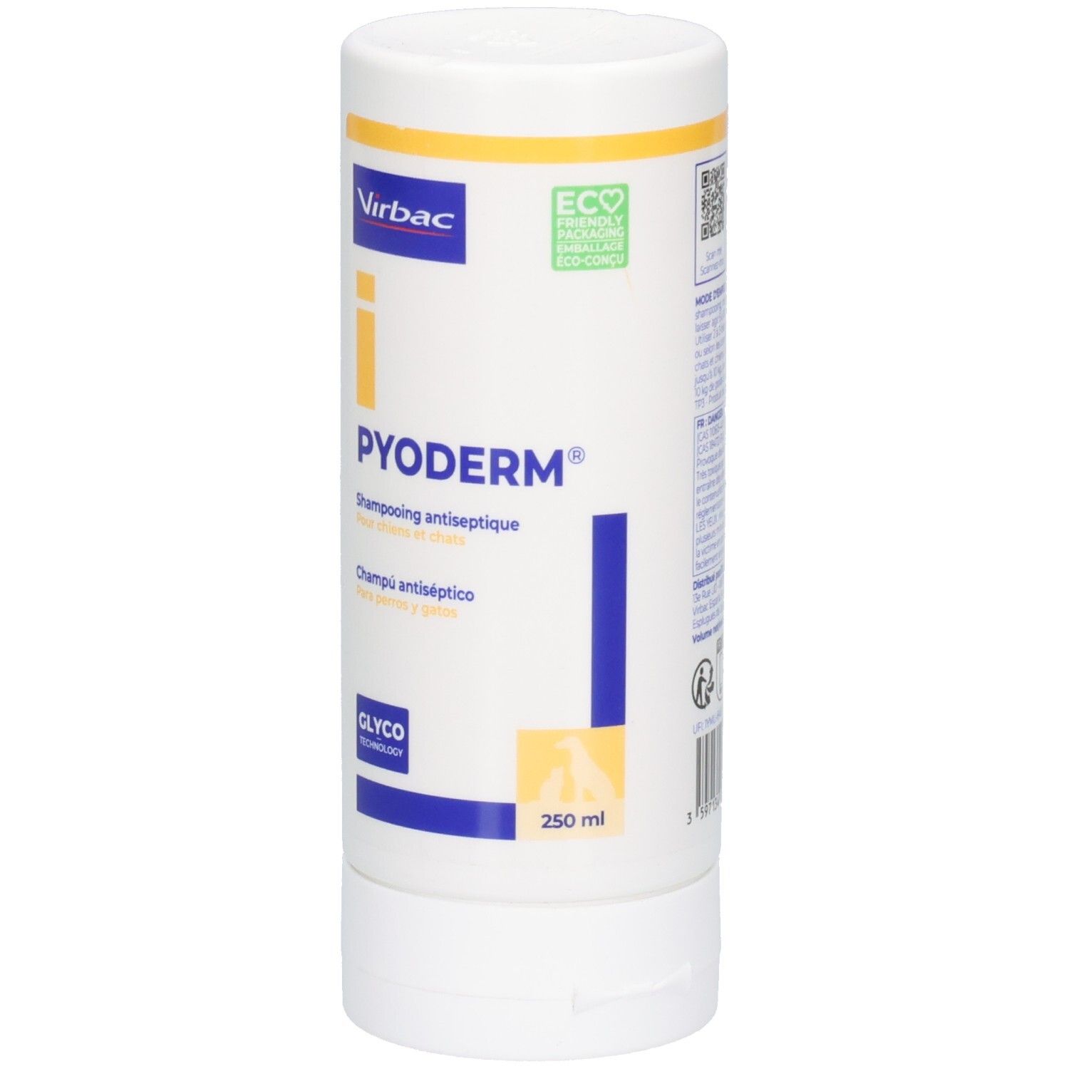 Weiße Flasche mit gelben und blauen Akzenten. Aufschrift: PYODERM, Virbac. 250 ml. ECO-Logo.