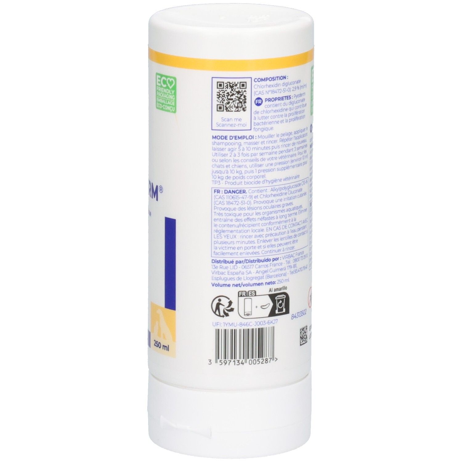 Rückseite einer weißen Flasche. Text, QR-Code, ECO-Logo. Volumen: 200 ml. Hergestellt in Frankreich.