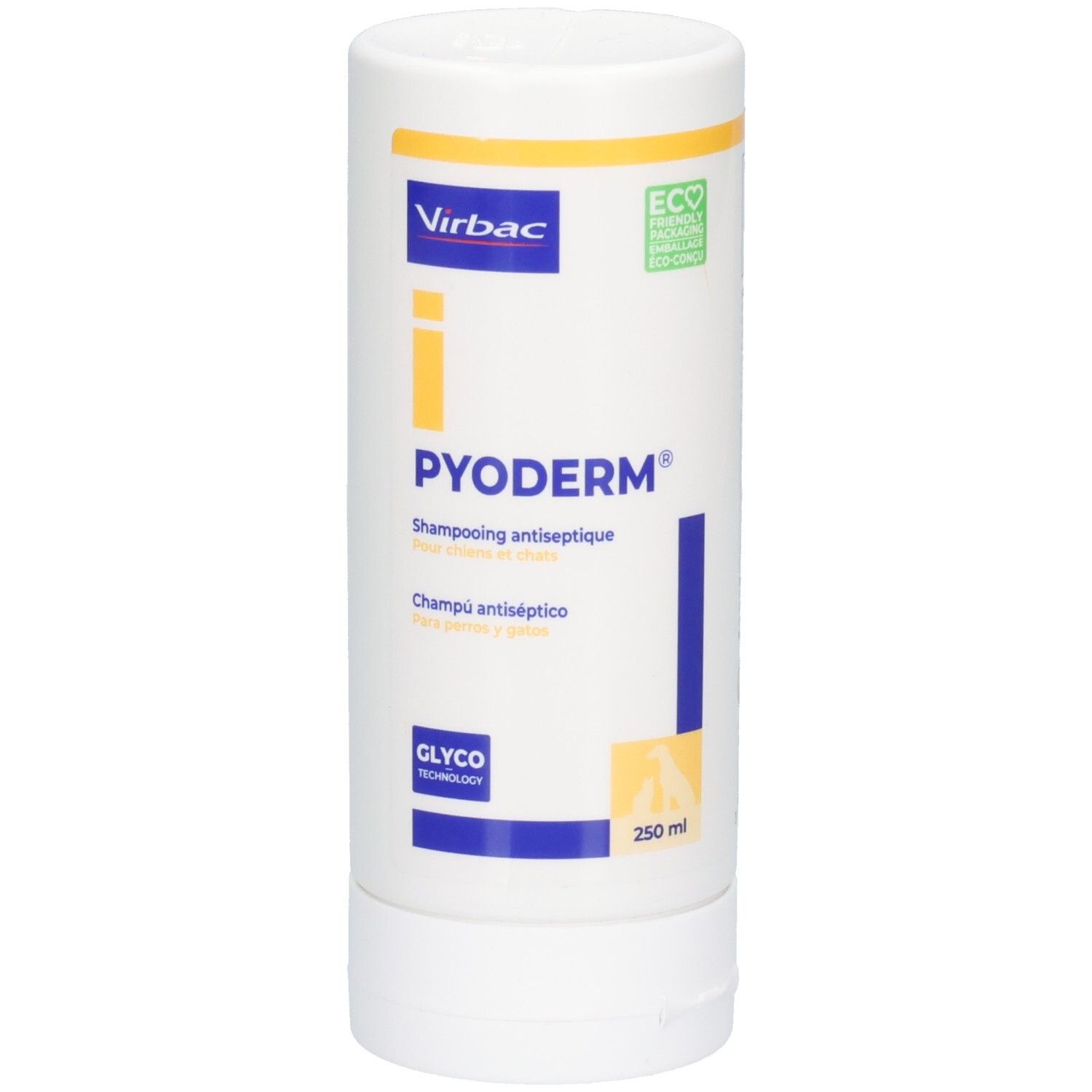 Weiße Flasche mit gelben und blauen Akzenten. Aufschrift: PYODERM, Virbac. 250 ml. ECO-Logo.