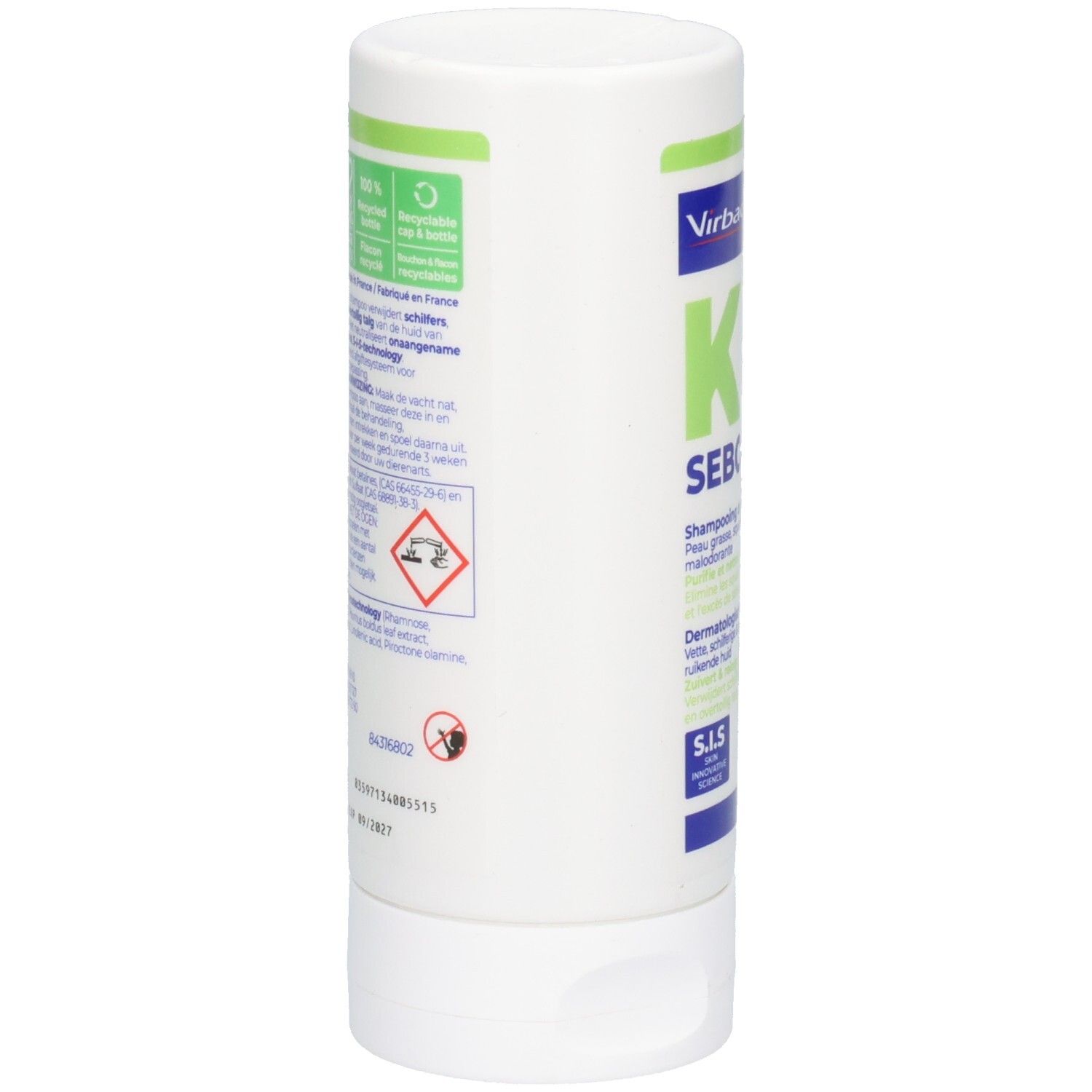 Rückseite der weißen Flasche. Text und Symbole. Öko-Zertifizierung. Gefahrensymbol. Virbac Logo.