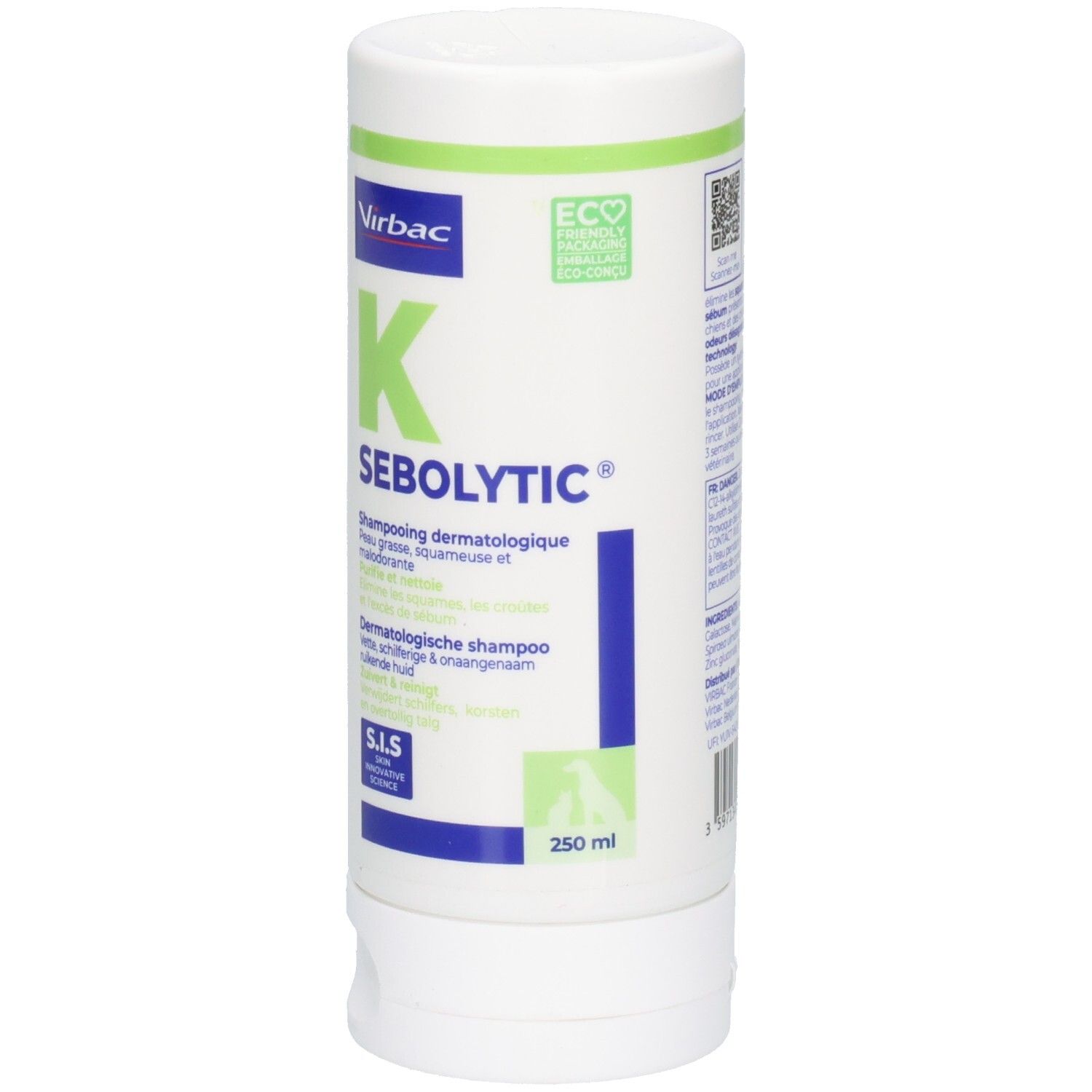 Weiße Flasche mit grün-blauem Etikett. Text: K SEBOLYTIC, dermatologisches Shampoo. Virbac Logo. 250 ml.