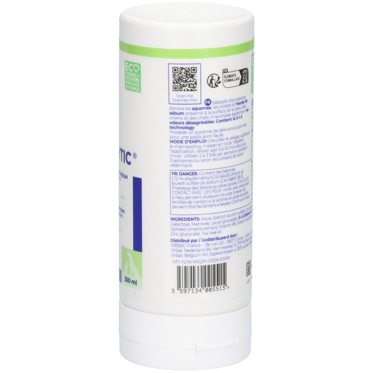 Rückseite der weißen Flasche. Text und Symbole. Öko-Zertifizierung. QR-Code. Inhaltsstoffe.