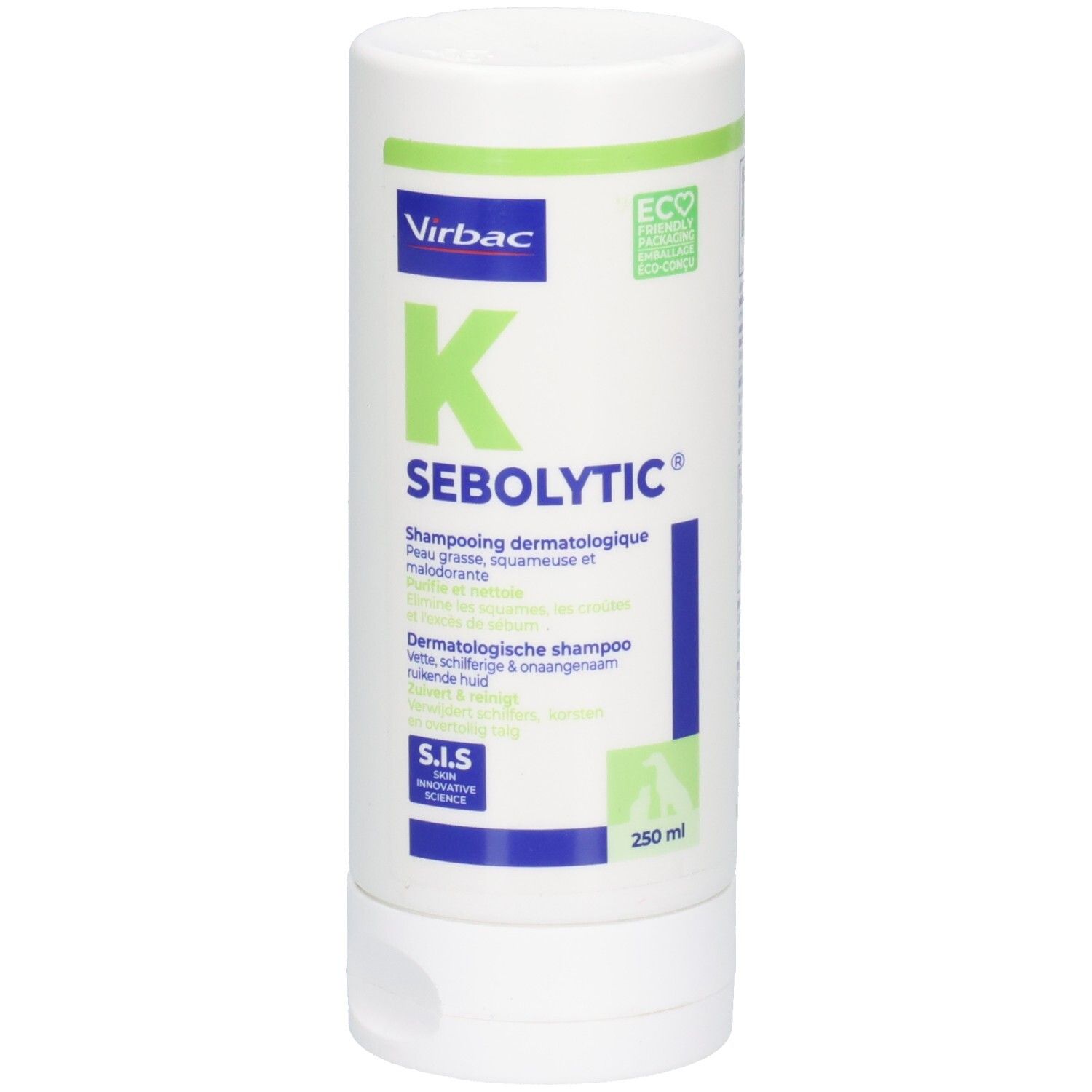 Weiße Flasche mit grün-blauem Etikett. Text: K SEBOLYTIC, dermatologisches Shampoo. Virbac Logo. 250 ml.