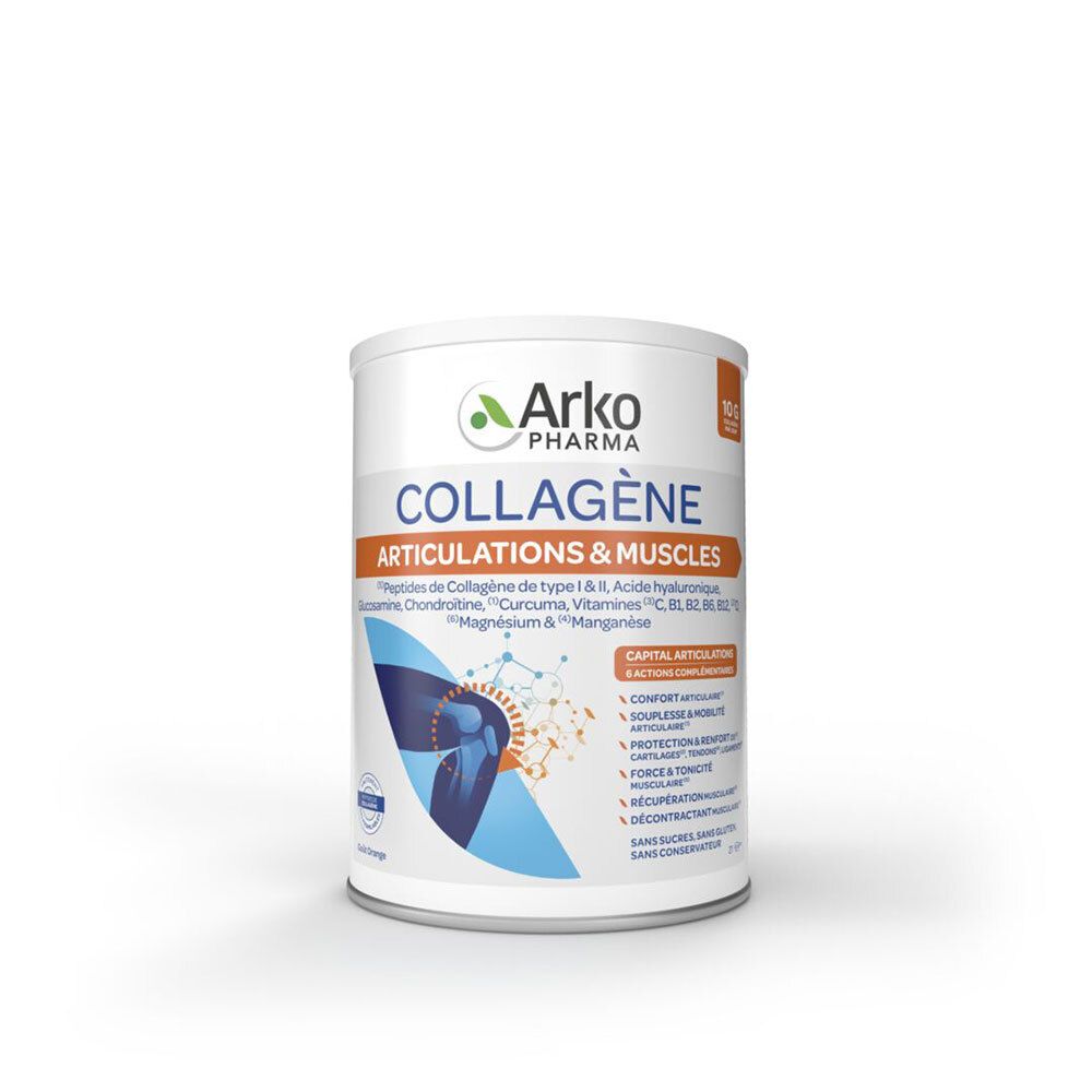 Weißes Produktgebinde mit Aufschrift "COLLAGÈNE ARTICULATIONS & MUSCLES". Marke: Arko Pharma. Mit Inhaltsangaben.