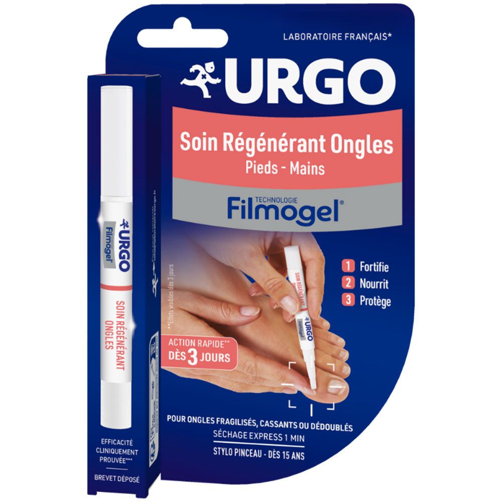 Emballage URGO Filmogel Soin Régénérant Ongles. Stylo et emballage affichent noms et logos. Emballage bleu avec illustration.