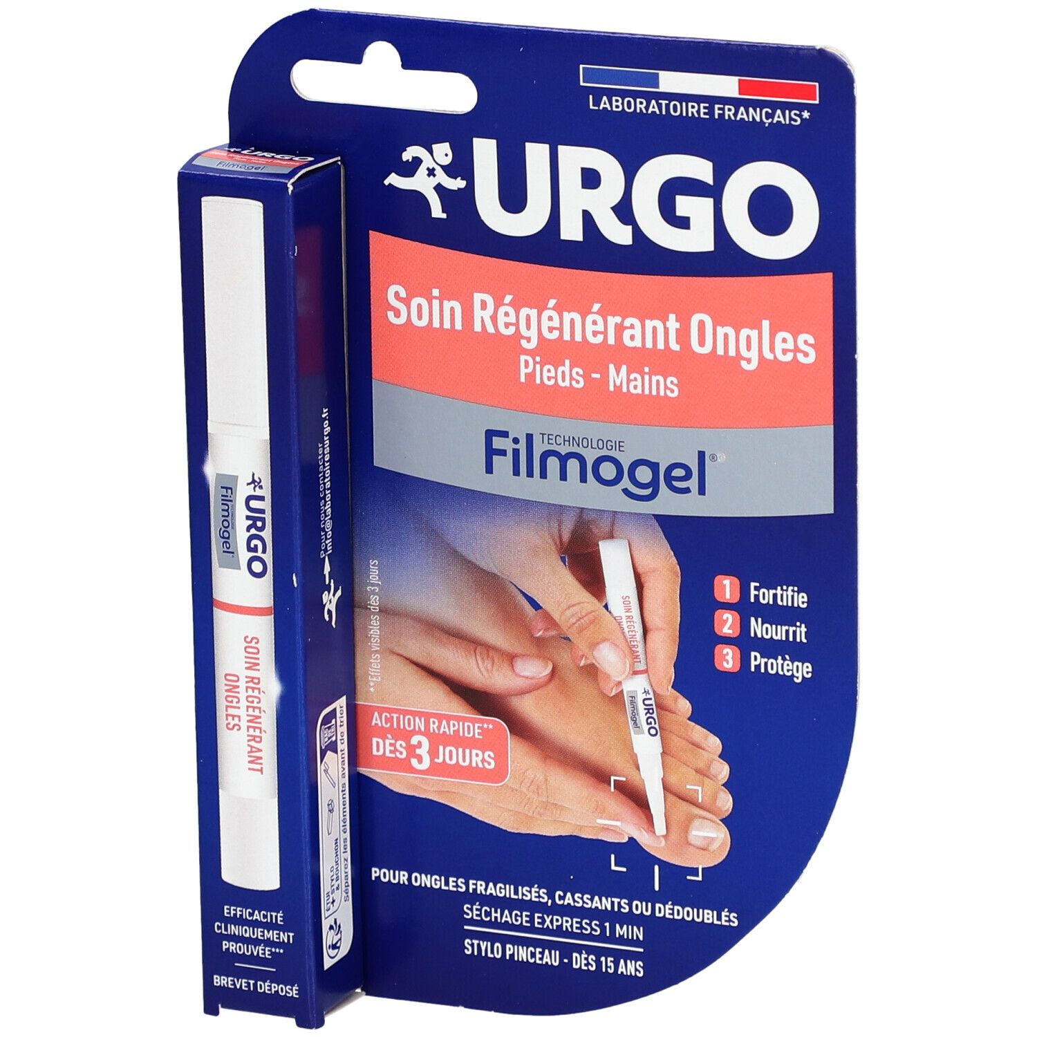 Verpackung mit URGO Filmogel® Soin Régénérant Ongles. Produkt und Applikator. Blaue Verpackung mit Produktabbildung.