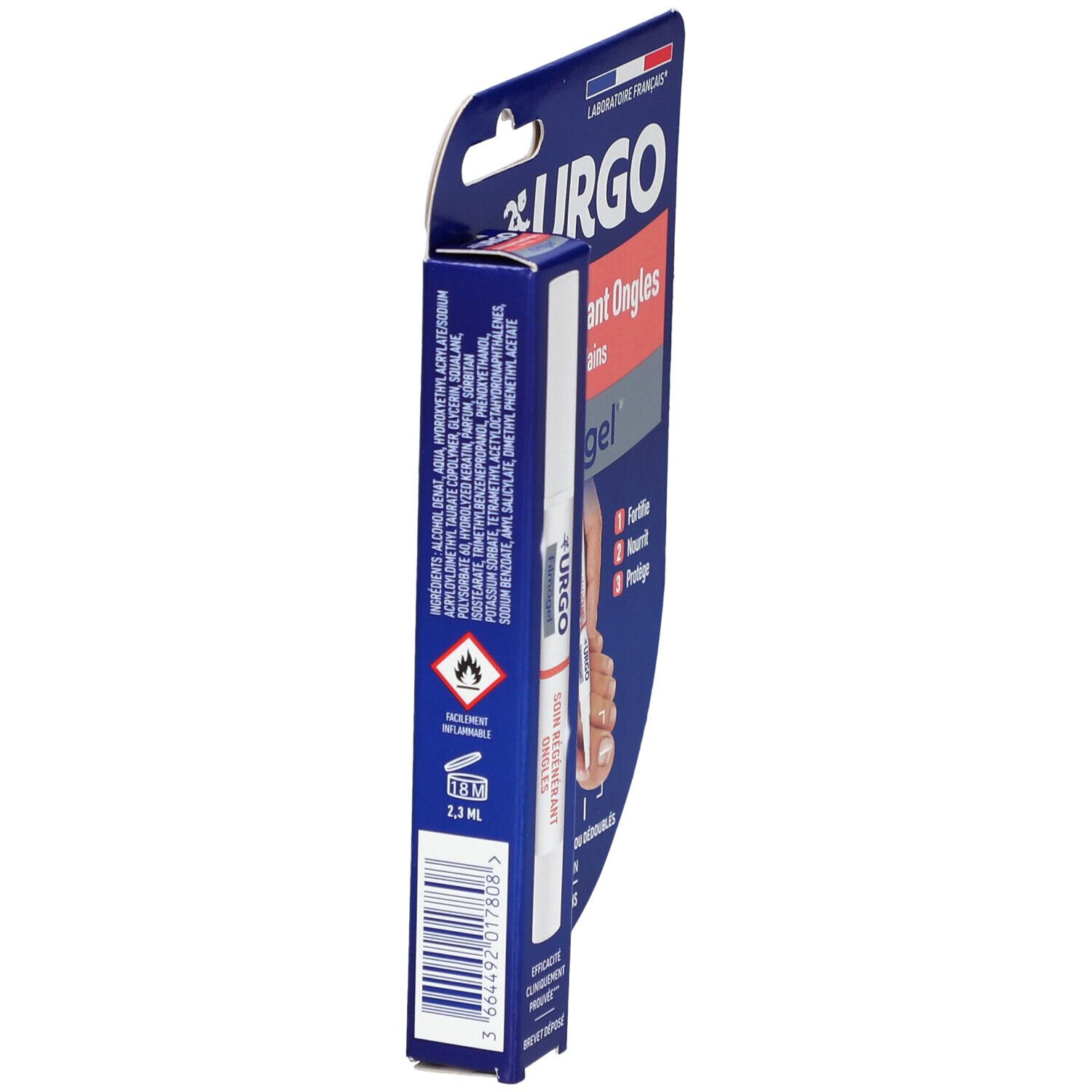 Seitenansicht der Verpackung von URGO Filmogel® Soin Régénérant Ongles. Produkt und Inhaltsangaben auf blauem Hintergrund.