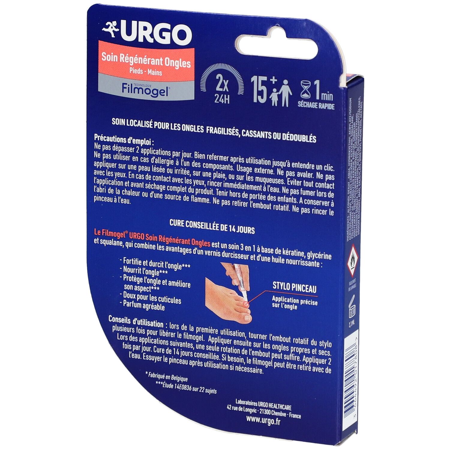 Rückseite der Verpackung von URGO Filmogel® Soin Régénérant Ongles. Produktinformationen und Anwendungshinweise.