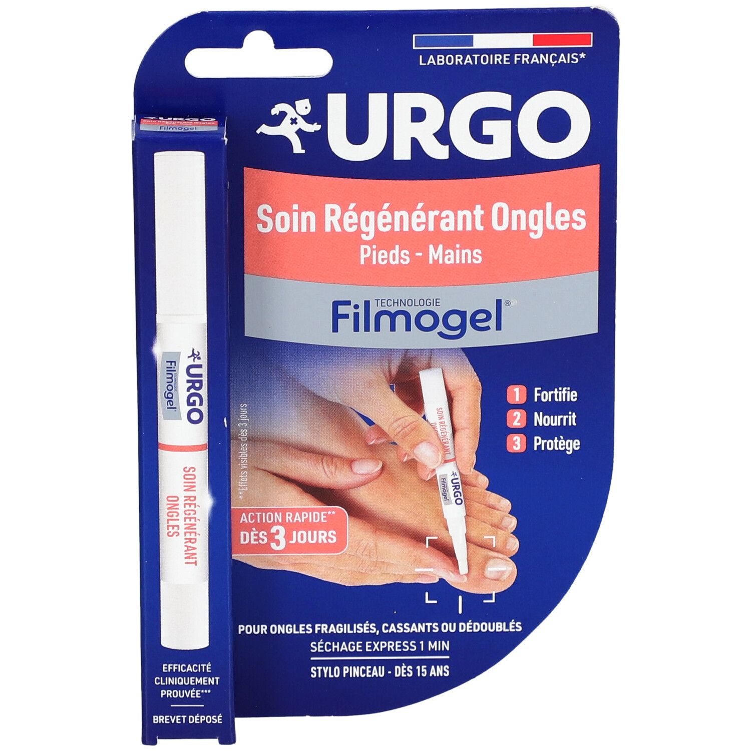 Verpackung mit URGO Filmogel® Soin Régénérant Ongles. Produkt und Applikator. Blaue Verpackung mit Produktabbildung.
