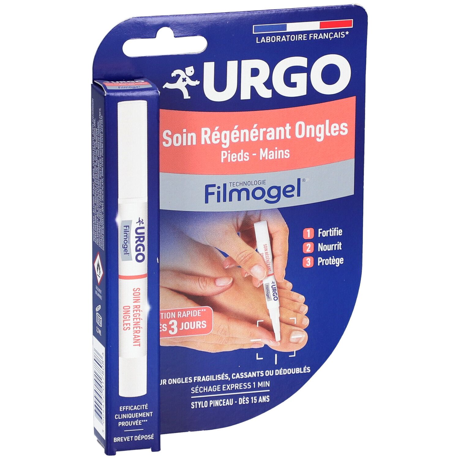 Verpackung mit URGO Filmogel® Soin Régénérant Ongles. Produkt und Applikator. Blaue Verpackung mit Produktabbildung.