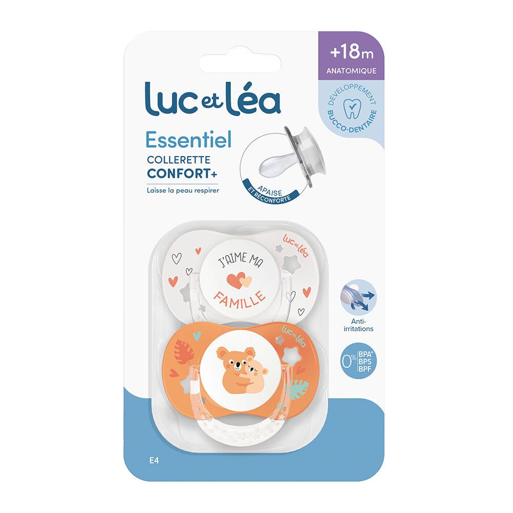 Zwei anatomische Schnuller in Verpackung. Der eine ist weiß mit Aufdruck, der andere orange mit Koala-Motiv. Marke: Luc et Léa.