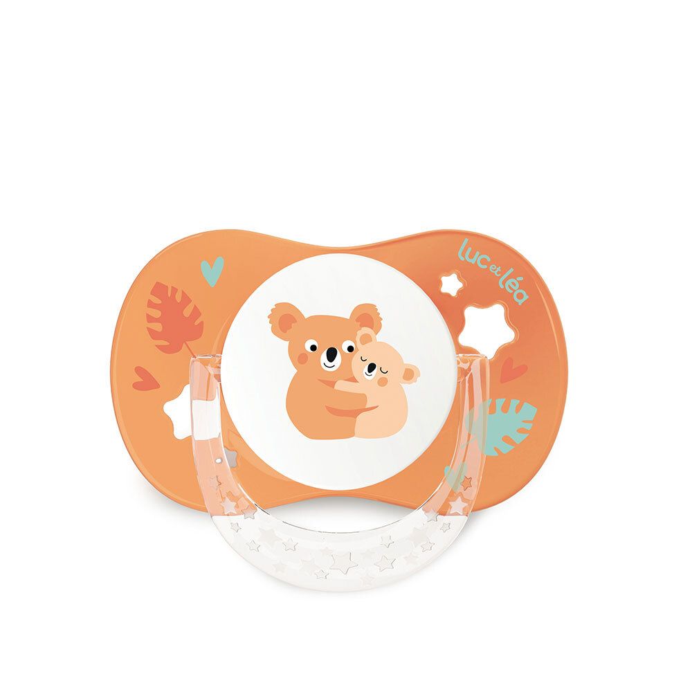 Oranger anatomischer Schnuller mit Koala-Motiv. Marke: Luc et Léa.